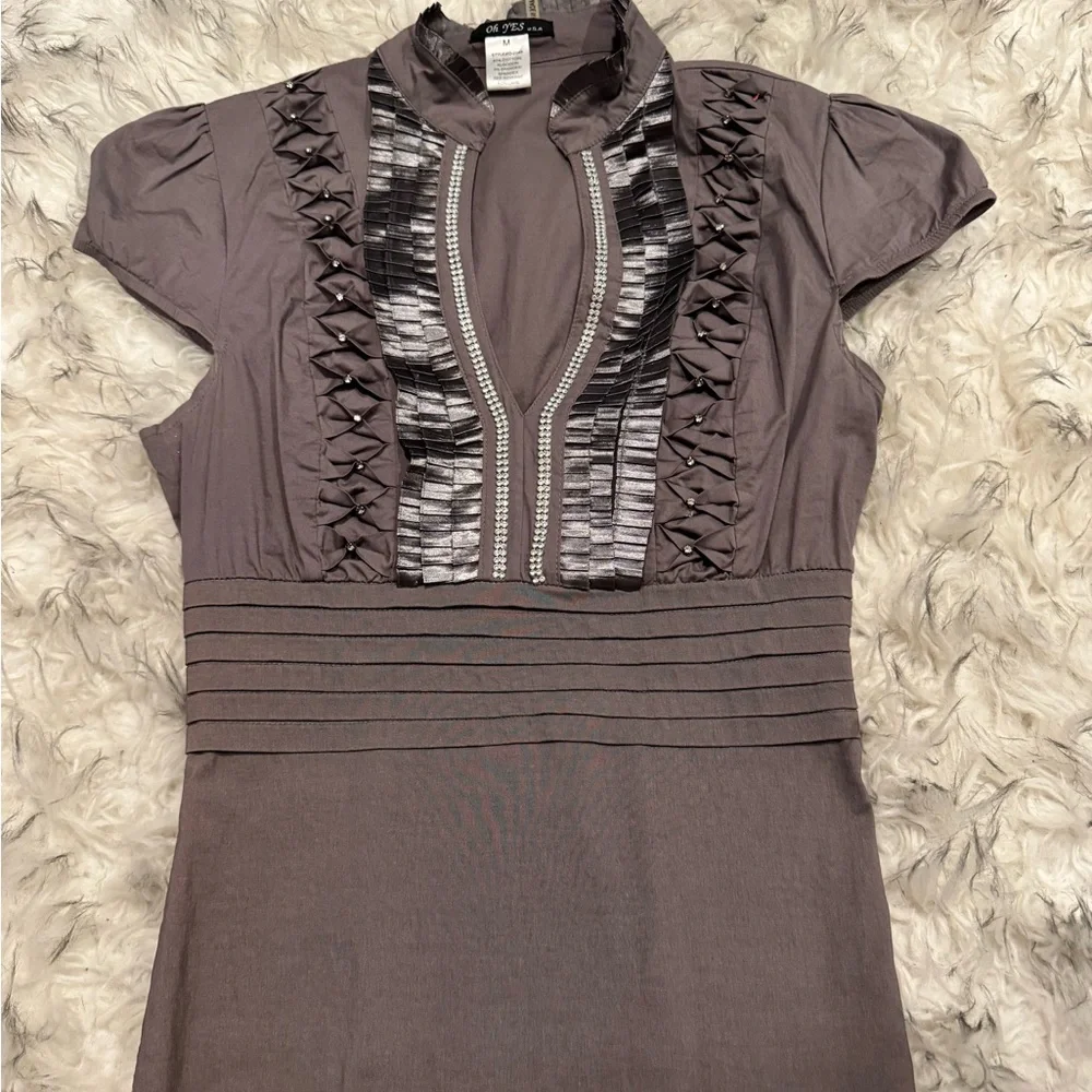 Oh Yes Gray Sheath Blouse with Mock Neck and Puff Sleeves - Picture 1 of 5